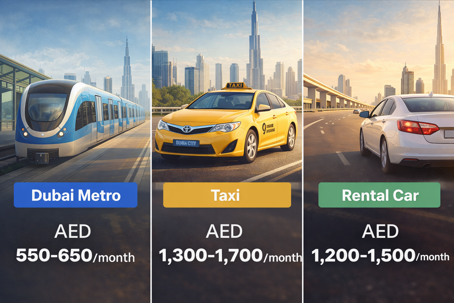Dubai transport cost comparison metro taxi vs rental car