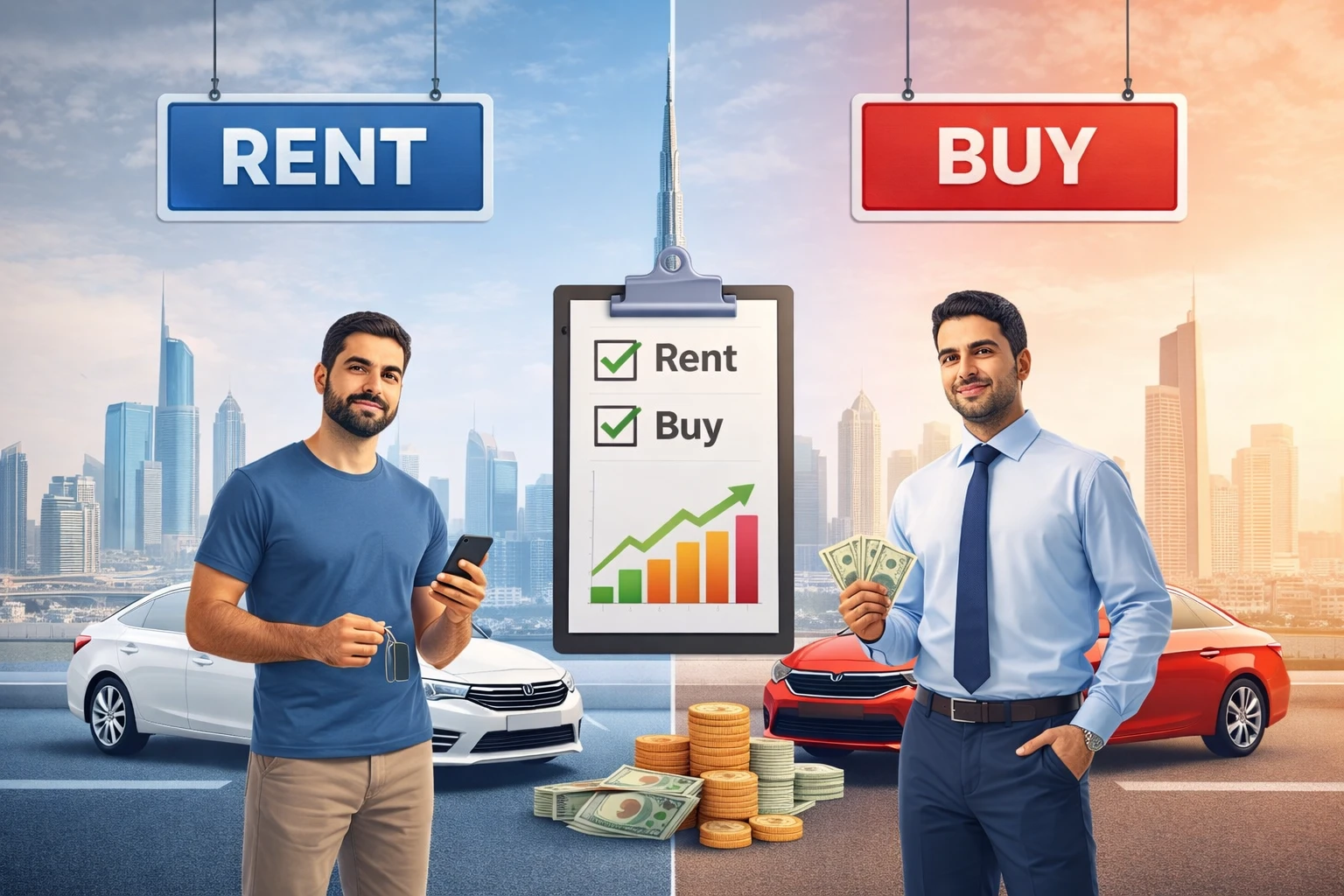 renting or buying a car in Dubai? Which is better? comparison image
